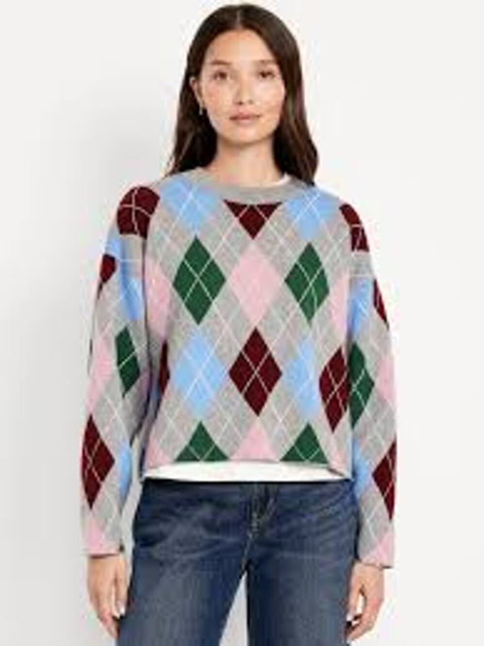 Old Navy SoSoft Cropped Gray Argyle Sweater Preppy Size L
